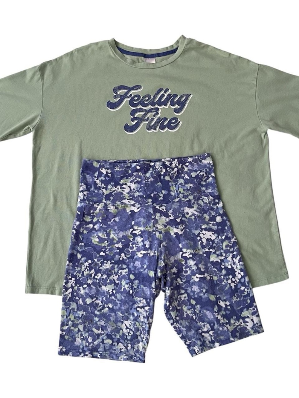 Secret Treasures Sage Green Top with Blue Patterned Shorts Pajama Set